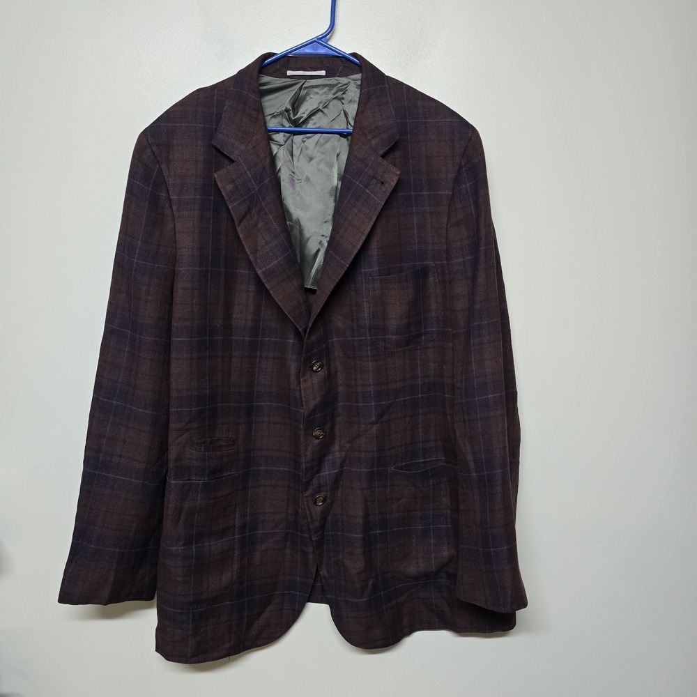 Brunello Cucinelli Sartoria Solomeo Blazer Linen Wool Silk Burgundy Plaid Italy